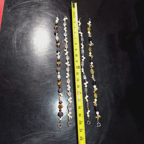 (4) Gemstone Agate Chunky Necklaces Set Statement Tigers Eye Pearls Rose Quartz - Picture 4 of 16